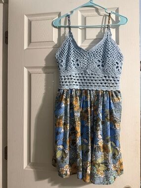 Light Blue Crochet Bodice Floral Mini Dress